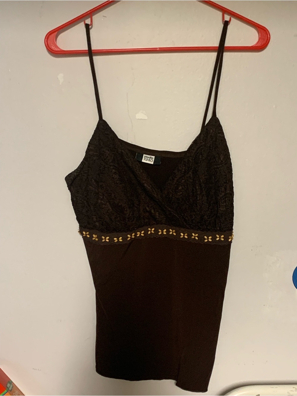 BONGO Black Lace Bodice Spaghetti Strap Camisole with Gold Trim